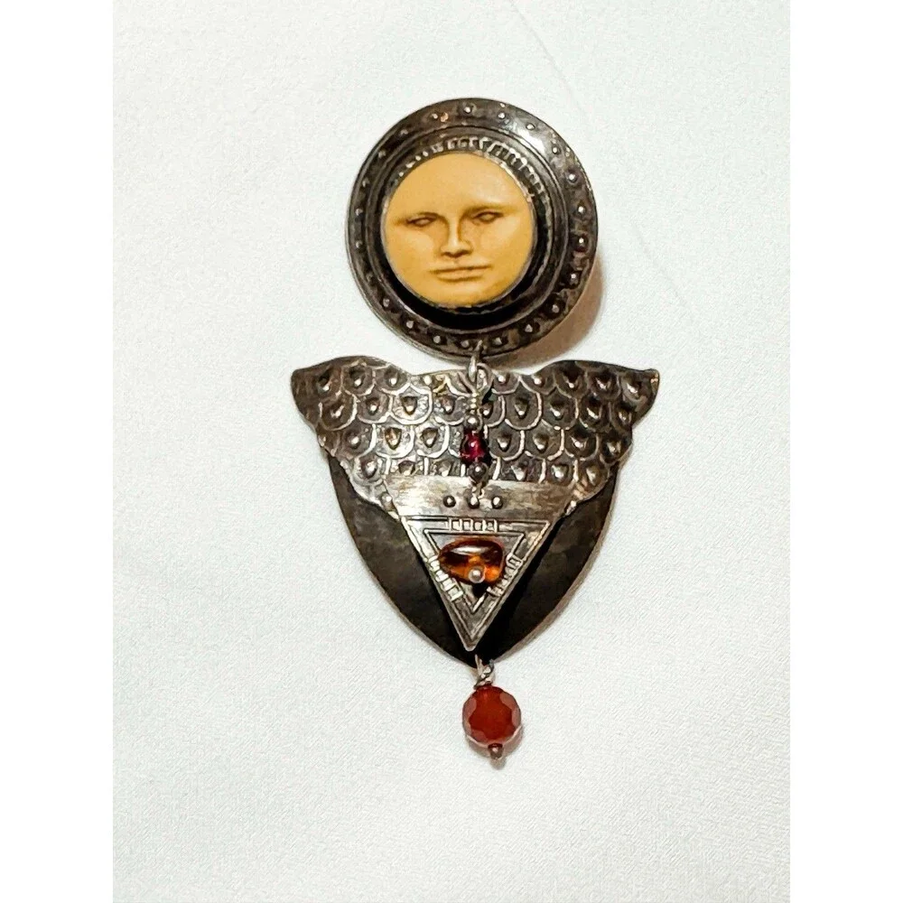 Signed Tabra Moon Face God Goddess‎ garnet & carnelian Beaded Sliver Pin Brooch